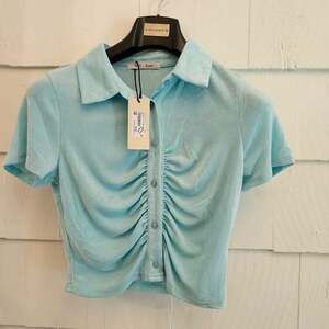 Gab Kate Aqua Terry Ruched Button Front Crop Top Collared Short Sleeve NWT M